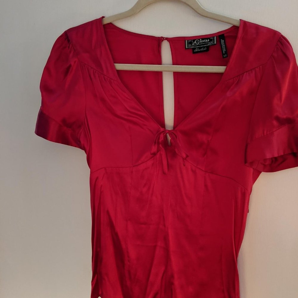 Guess Raspberry Red Stretch Liza Fitted Silk Blouse